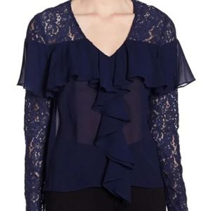 Nicole Miller Artelier Lace Ruffle Blouse 100% Silk Navy Blue Small Formal